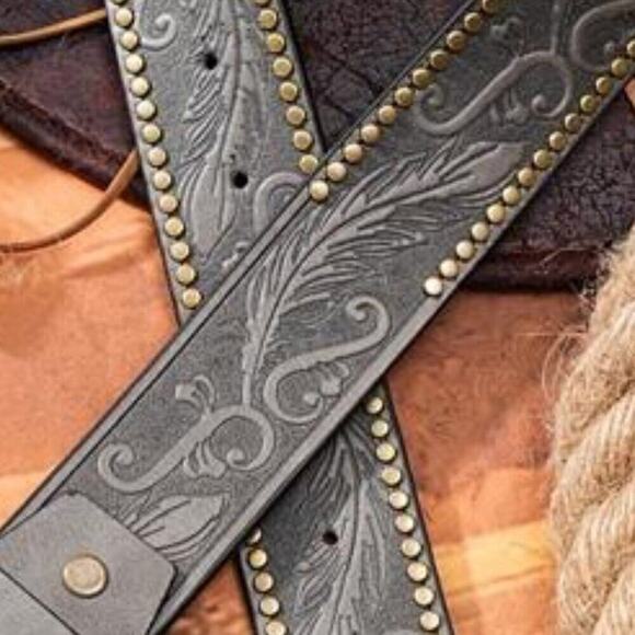 Unisex Western Black Leather Belt with Embossed Gemstone Pattern & Metal Buckle - Picture 5 of 6